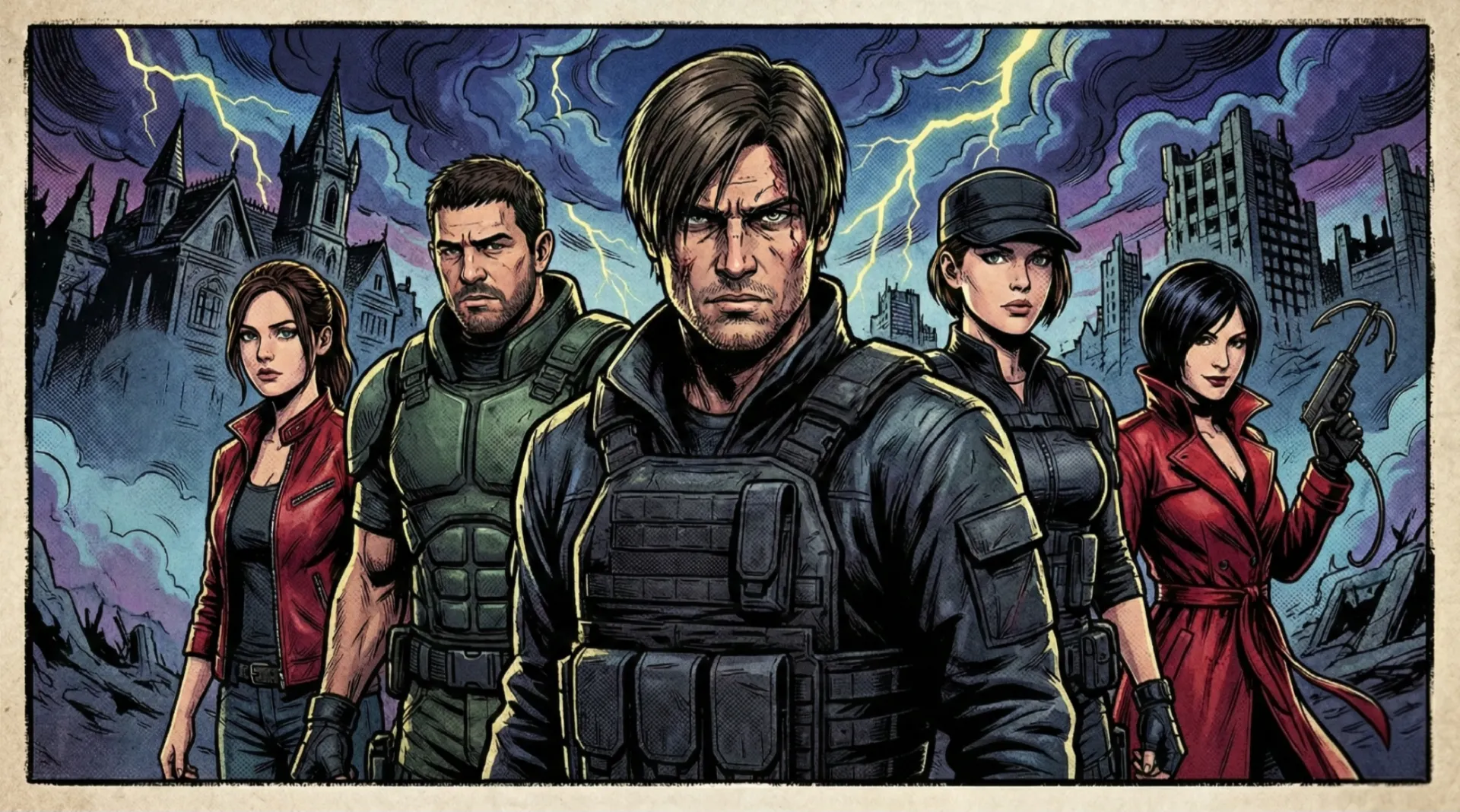 تصویر شاخص مقاله ترتیب داستان رزیدنت ایول، شامل شخصیت‌های اصلی: لیان کندی (با ظاهر بازی رکوییم)، کریس ردفیلد، جیل ولنتاین، کلر ردفیلد، ایدا وانگ و شری برکین در کنار هم.